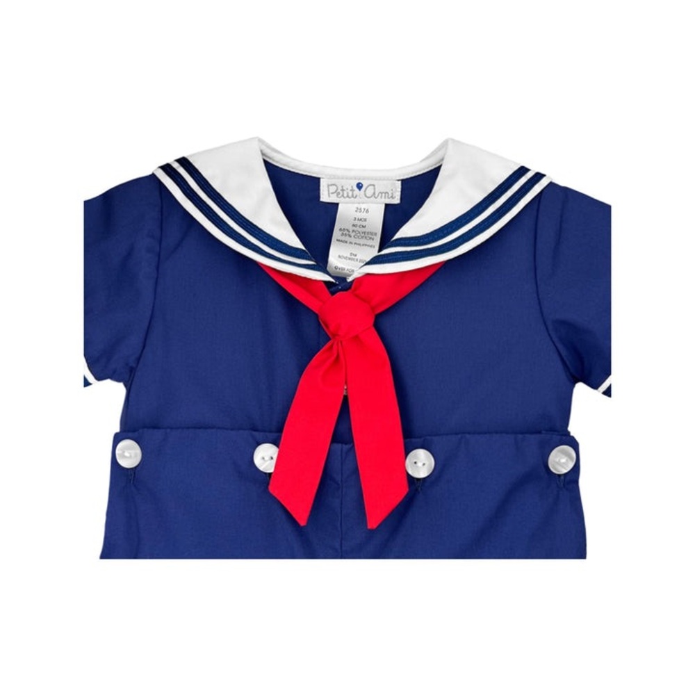 Petit Ami Navy Sailor Romper with Red Tie - Picture 3 of 7